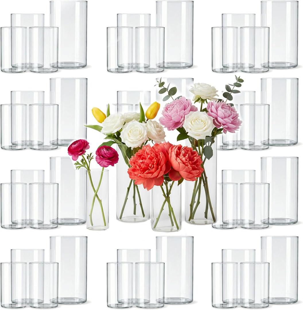 48pcs Glass Cylinder Vases for Centerpieces,Clear Flower Vases for Wedding Decorations and Indoor Home Decor, Hurricane Candle Holder for Table Shelf, Party