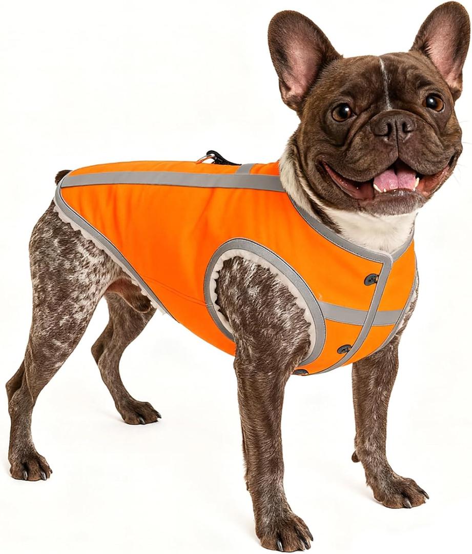 Reflective Dog Warm Coat for Cold Weather with Fleece Lining and D-Ring,Waterproof, Windproof, High Visibility Blaze Orange Hunting Vest  Protects Dogs from Daily Motorists and Hunting Accident, L