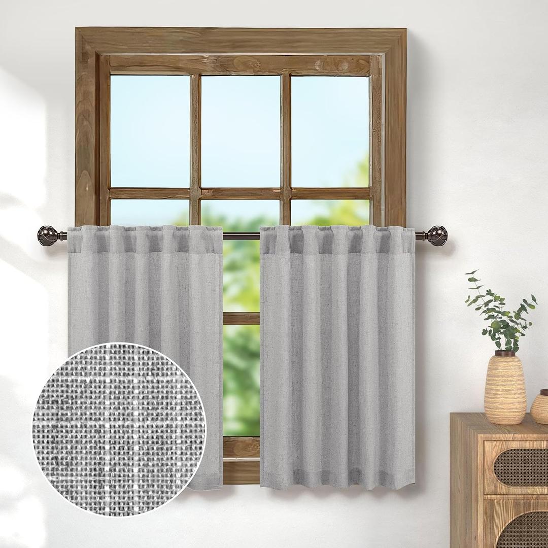 Light Grey Kitchen Curtains 24 Inch Length 2 Panels Back Tab Pocket Natural Linen Light Filtering Sheer Short Curtains for Small Windows Opaque Privacy Tier Curtain for Bedroom Living Room 30x24 Gray