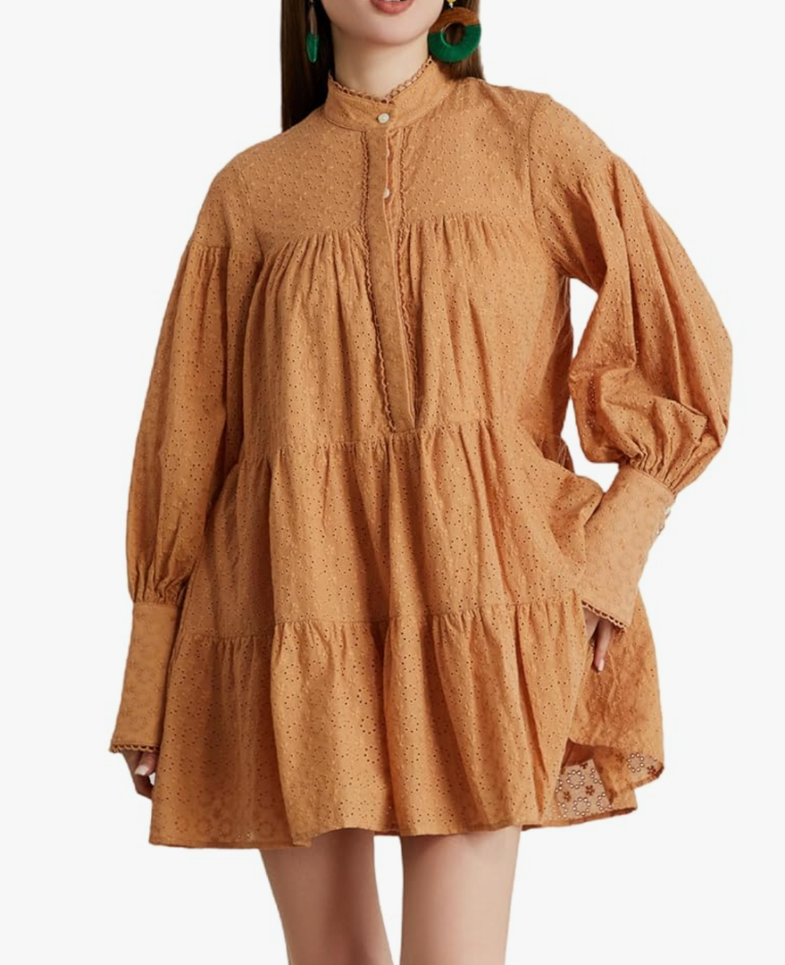 Summer Cotton V Neck Long Losse Sleeve Casual Party A-Line Dresses Embroidery Short Dress L