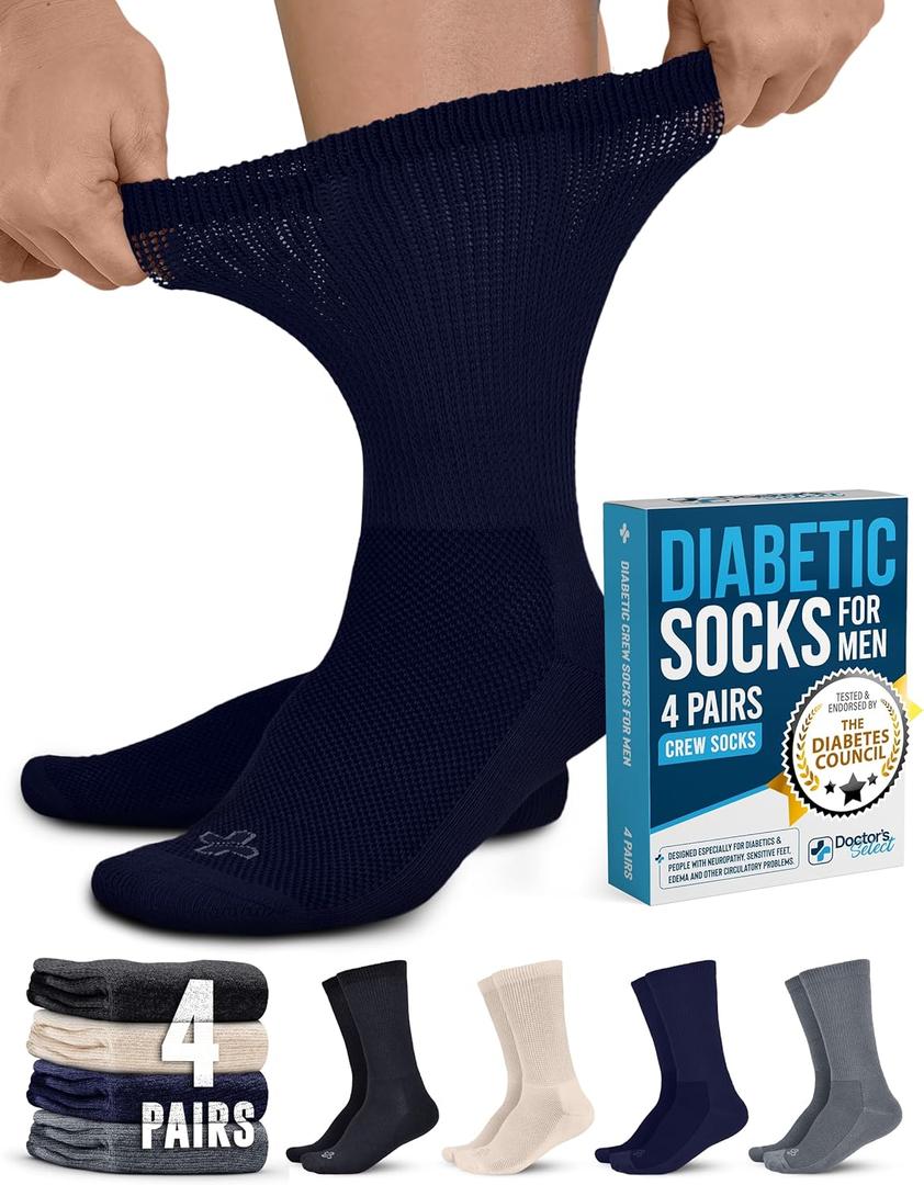 Doctor's Select Diabetic Socks for Men - 4 Pairs Crew Diabetic Neuropathy Socks for Men | Diabetic Socks for Men 9-12 (Medium, Crew Height - Black, Grey, Beige, Navy)