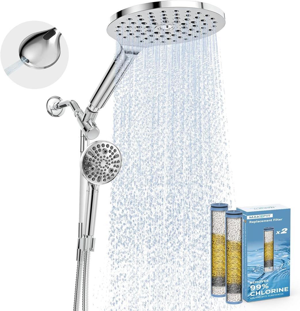 Dual Filtered Rain Shower Head Combo, Handheld Shower Head with Adjustable Bar - Rainfall Shower Head And Showerhead with Filter for Hard Water - Removes Chlorine (Premium Chrome)