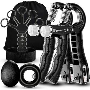 Grip Strength Trainer(5 Pack) with Finger Exerciser, Hand Grip Strengthener, Finger Stretcher,Grip Ring & Stress Relief Ball for Muscle Building and Injury Recover with Carry Bag (BLACK)
