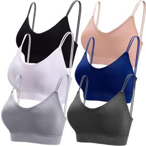 BQTQ 6 Pcs V Neck Bralettes for Women Padded Bralette with Straps Seamless Bra (X-Large, Black, White, Gray, Beige, Navy,dark Gray)