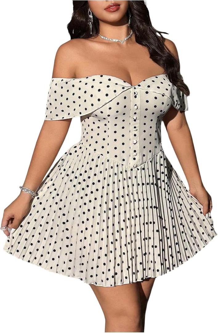 Floerns Women's Plus Size Polka Dots Off The Shoulder Dress Button Pleated A Line Party Dresses, XXL