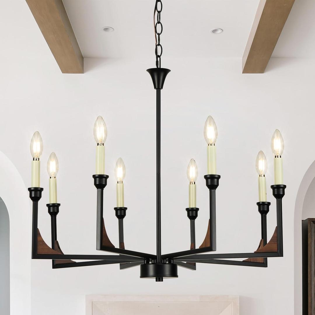Farmhouse Chandeliers for Dining Room, 8-Light 28 inch Black Metal and Wood Hanging Light Fixture, Rustic Candle Chandeliers for Living Room Kitchen Island Foyer Entryway