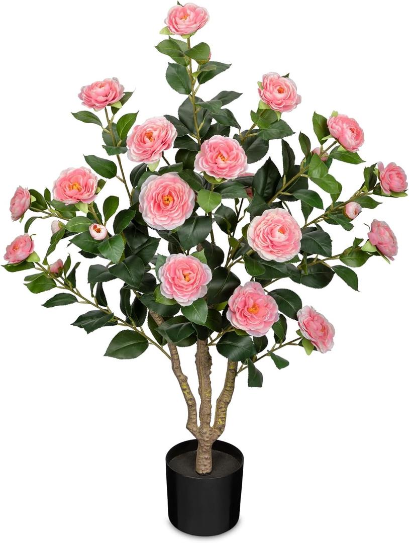 3ft Artificial Camellia Tree Fake Camellia Plant with Pink Flowers Faux Floral Plant Blooming Tree in Black Pot for Indoor Outdoor Office Home Front Door Porch Decor (1 Pack - Pink)