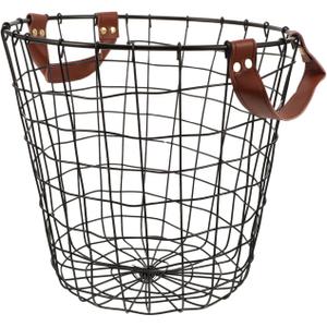 PRETYZOOM Wrought Iron Firewood Basket with Leather Handle 11.8 Inch Round Metal Log Holder for Indoor and Outdoor Wood Storage
