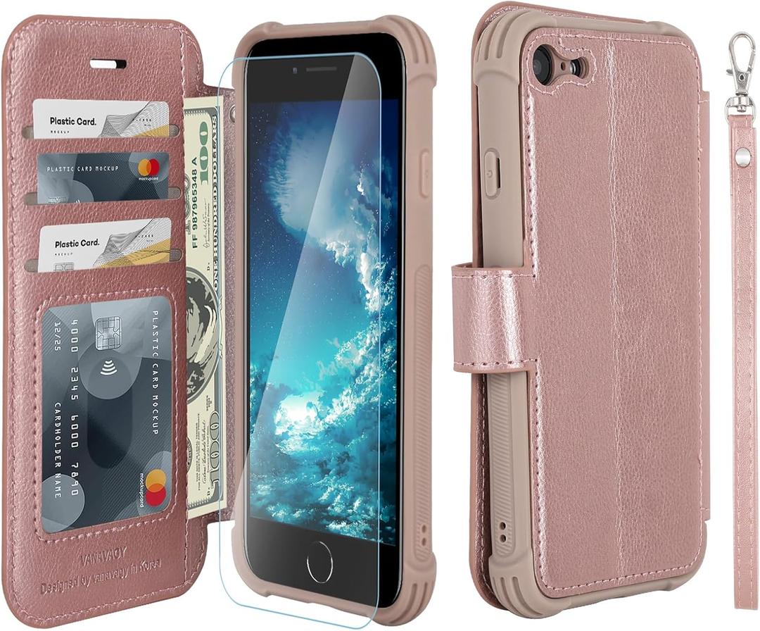 VANAVAGY Compatible for iPhone SE2/SE3/iPhone 8/iPhone 7 Wallet Case, RFID Flip Leather Cover with Wrist Supports Wireless Charging with Card Holder and Glass Screen Protector, Rose Gold