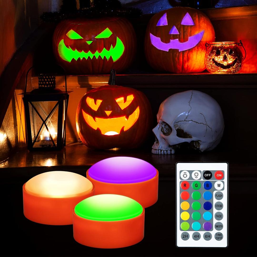 SOLLED Pumpkin Lights with Remote Control and Timers,RGBW Color Changing Jack-O-Lantern Battery Operated Lights for Halloween Decor,Flickering Flameless Candle for Pumpkin Decoration,3 Pack