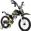 KEANO Motocross Style Kids Bike for Boys Girls Ages 3-7 Years, 12 & 16 Inch Bikes with Training Wheels and Number Plate, Children Bicycles Black