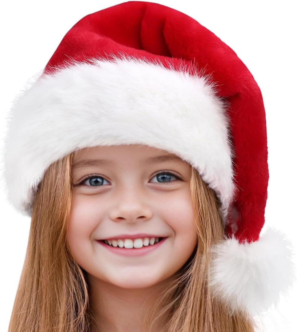 Kids Santa HatSoft & Fluffy Faux Fur Christmas Hat for Boys & Girls, Classic Red Holiday Cap for Xmas Party, New Year Outfit