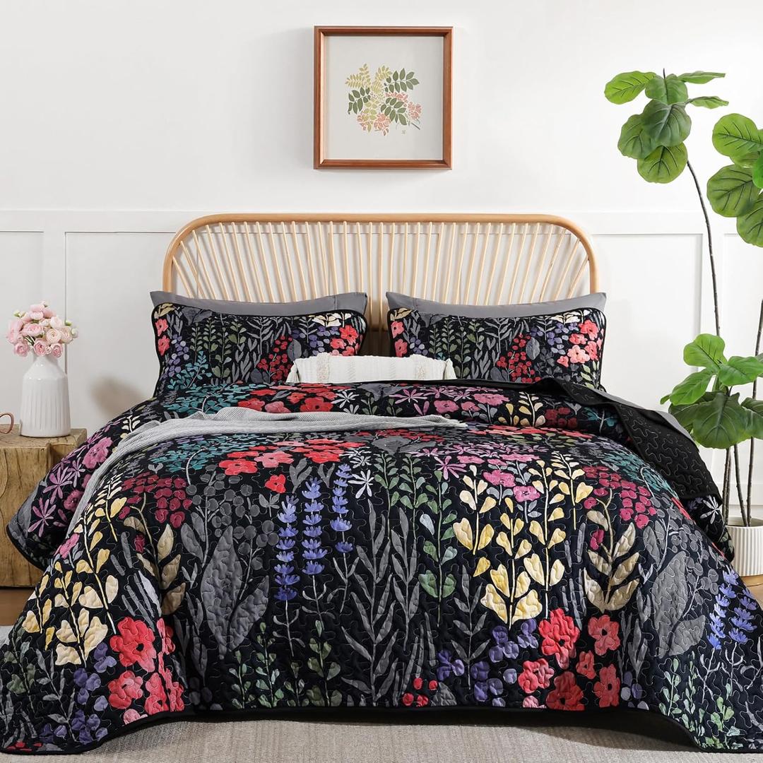 Xruibed Floral Quilt Sets King Size Black 3 Pieces Bedspread Bedding Set Soft and Cozy Microfiber Lightweight Quilt Flower Bed Coverlet Sets for All Season(King 104"x90")