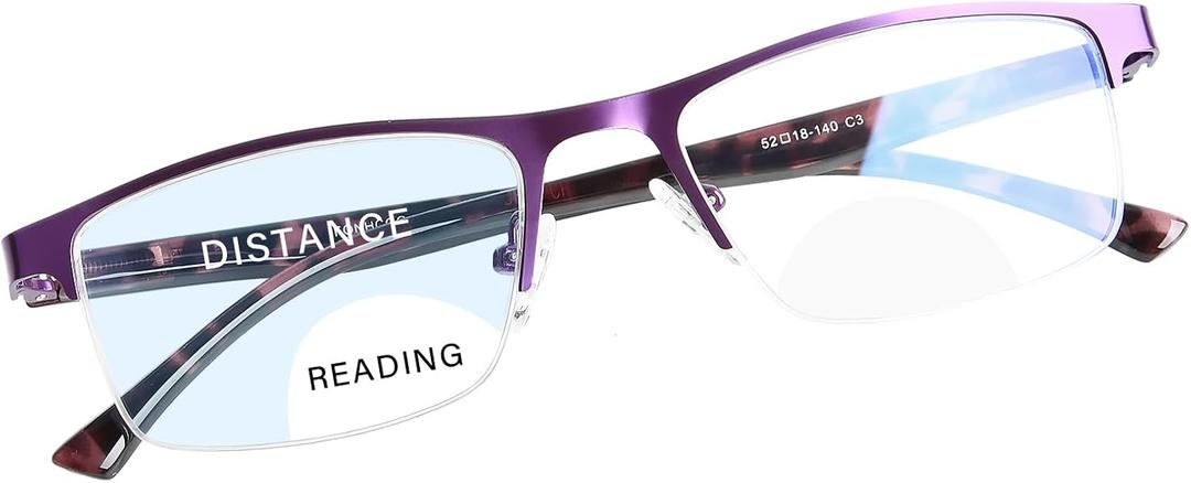 FONHCOO Bifocal Reading Glasses for Women Men, Metal Half Frame Blue Light Blocking Readers (Purple)