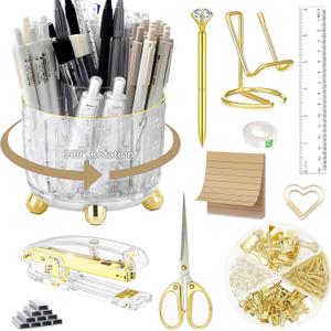 Gold Desk Accessories, Office Desk Organizers and Accessories 360Pen Holder Acrylic Stapler Set, Phone Holder, Ballpoint Pen, Scissor, Binder Clips, Ruler, Transparent Glue, Sticky Note and Staples.
