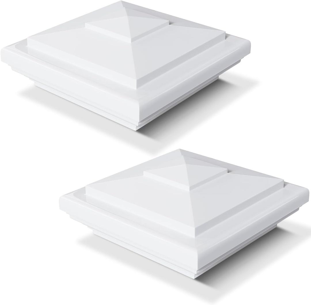 VIVIDA 4" x 4" Vinyl Fence Post Cap (Actual 4" x 4"), New England Pyramid Post Cap, PVC Square Top Cover, for Vinyl Fences, Mailboxes & Decks, White, 2 Pack