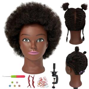 100% Human Hair Afro Curly Black Mannequin Head for Braiding, Cosmetology Training Mannequin Head with Stand for Hair Styling,B Black