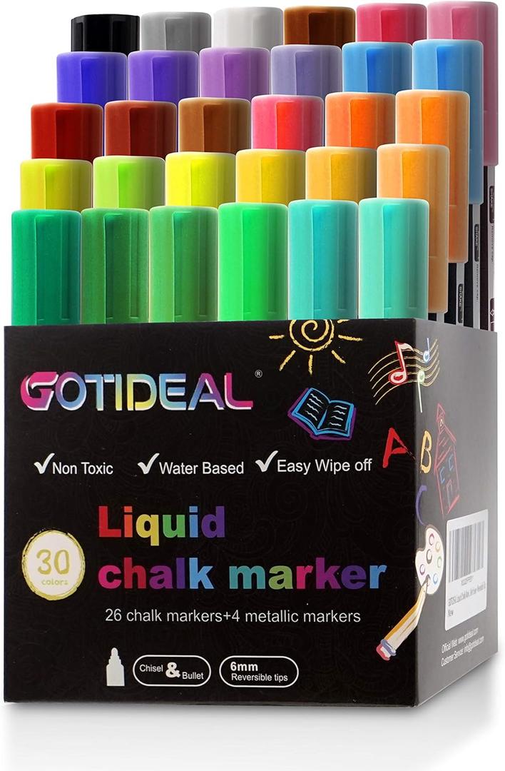 GOTIDEAL Chalk Markers, 30 Colors Liquid Chalk Markers for Blackboard Chalkboard Calendar Glass Neon Pens, Washable Window markers Paint and Drawing for Car, Auto, Bistro,Mirror Wet Erase Chisel Tip