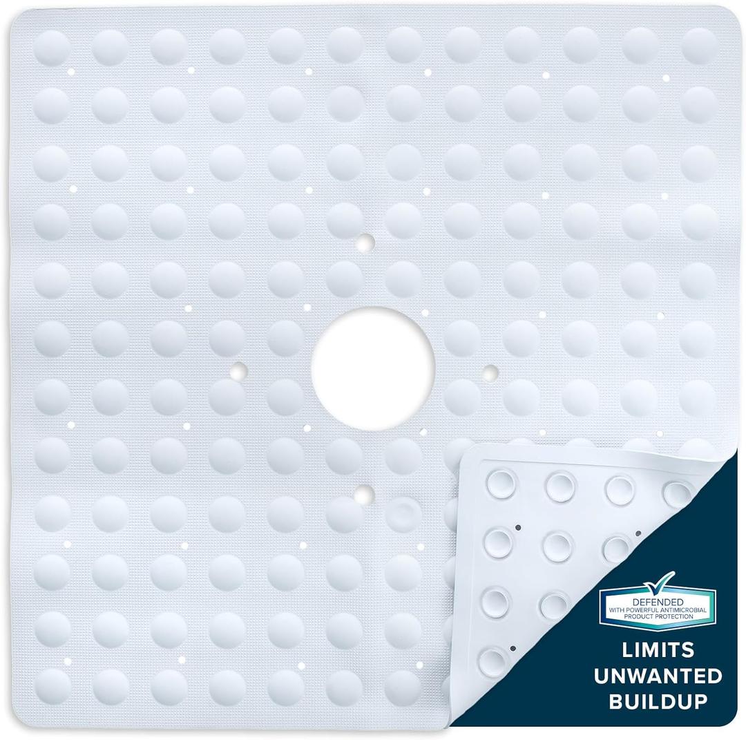 SlipX Solutions Square Natural Rubber Shower Stall Mat, 21 x 21, Non Slip Safety, Built-in Product Protection, 140 Power Grip Suction Cups, Center Drain Hole, White
