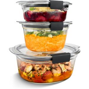 Rubbermaid Brilliance Glass Round Leak-Proof 6-Piece Set Food Storage Containers, Food Containers with Lids, Meal Prep Containers, Assorted Sizes