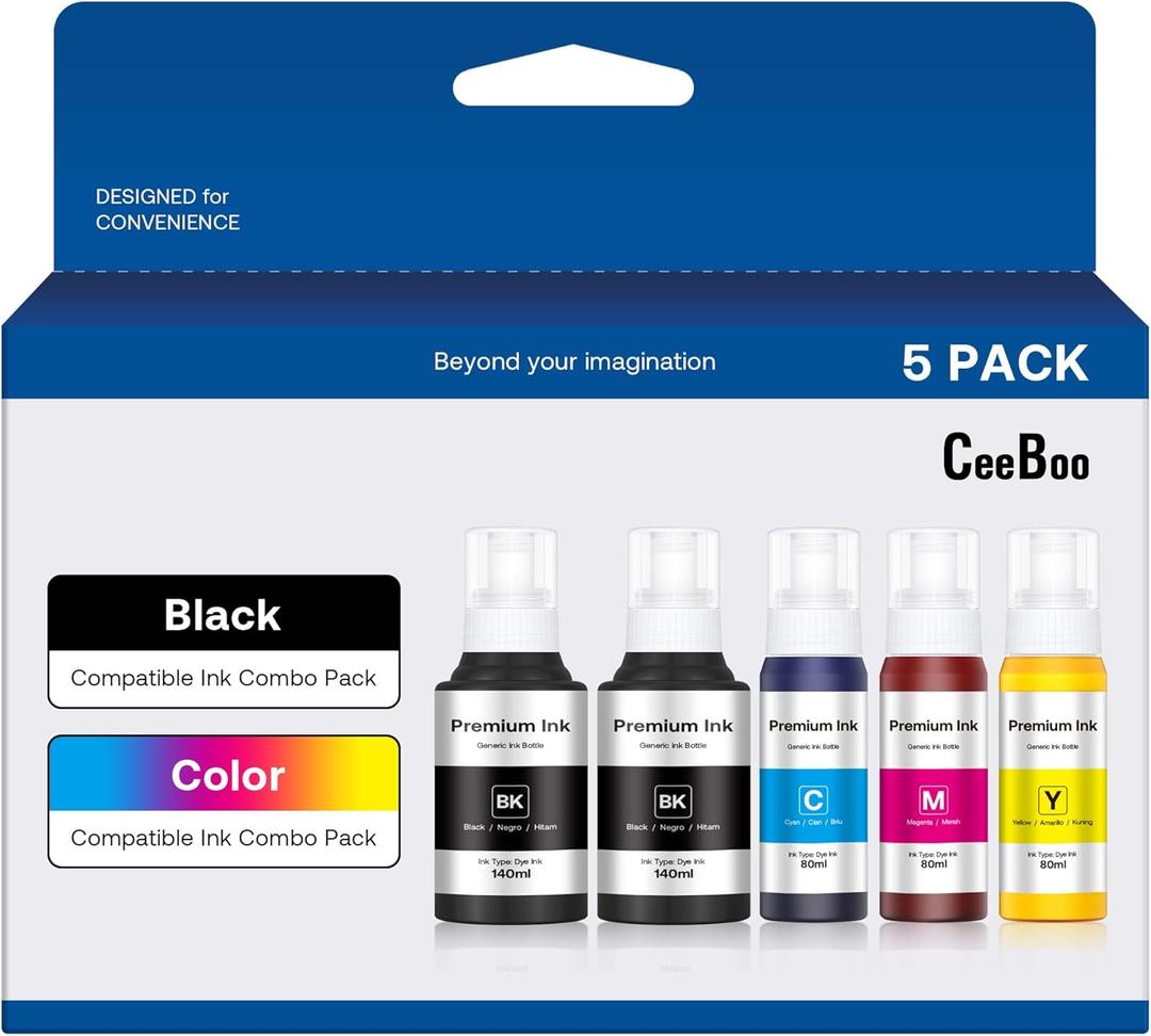 CEEBOO Compatible Ink Bottle Replacement for Epson 502 (Not Sublimation Ink), Use for ET-2850 ET-3830 ET-3850 ET-2760 ET-3760 ET-15000 printer, 2 Black,Cyan,Magenta,Yellow, High Capacity 5 Bottles