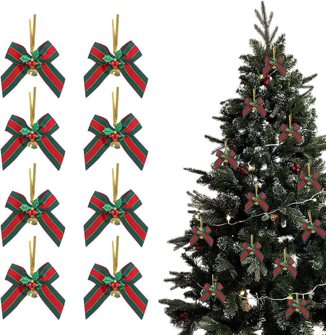 12 Christmas Tree Bows Decoration Red Green Striped Bowknot with Bell Xmas Bow Hanging Ornament for Christmas Holiday Party Home Outdoor Indoor Decoration Supplies
