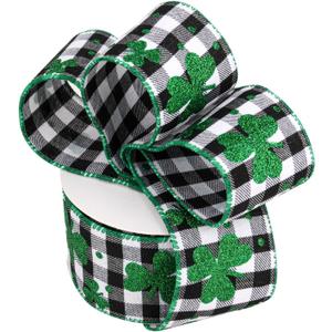 2 x St. Patrick's Day Shamrock Ribbons for Gifts Wrapping, Natural Burlap Wired Edge Ribbons (Black and White)