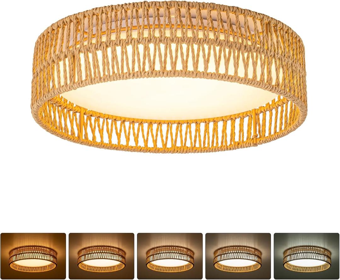 SineRise 12" Flush Mount Ceiling Light,25W LED Rattan Ceiling Light Fixture,Dimmable Handmade Boho Light Fixtures with Rattan,Farmhouse Lighting Fixtures Ceiling for Hallway Kitchen Bedroom, (Gold)