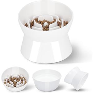 F FD Hub Tilted Raised Slow Feeder Bowl for Cats and Small & Medium Dogs, Raised Design Improves Posture, Spiral Inner Shape Prevents Fast Eating, Dishwasher Safe, 10 oz (White, L-Cats)