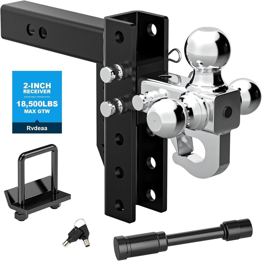 Adjustable Trailer Hitch Ball Mount with Hook, Tri-Ball (1-7/8" x 2" x 2-5/16") Drop Hitch,6 Inch Drop Hitch, Fits 2-Inch Receiver 18500 LBS GTW,Anti-Theft Pins Locks,Tow Hitch for Heavy Duty Truck (black)