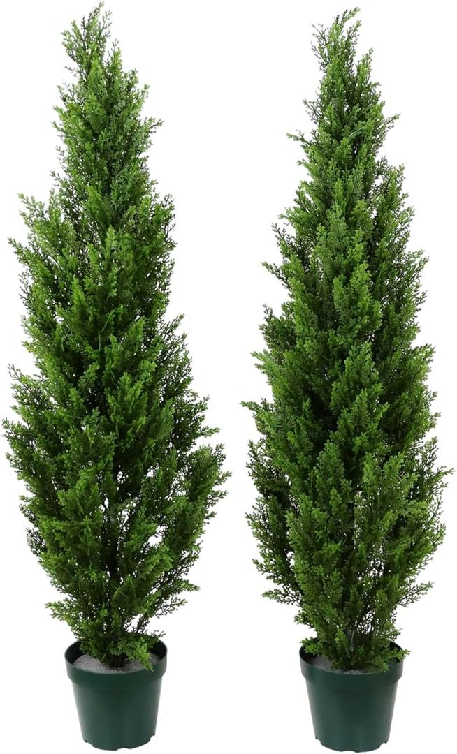 COMUSTER 4FT Artificial Cedar Topiary Trees for Outdoors Potted Fake Cypress Trees Faux Evergreen Plants for Home Porch Decor Set of 2