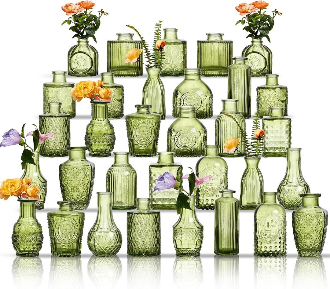 Glass Bud Vases Set of 32 - Green Assorted Small Mini Glass Vases for Flowers, Crystal Vintage Vase Set, Bulk Centerpieces for Table Dcor, Wedding, Home and Events (Green, 32 Pcs)
