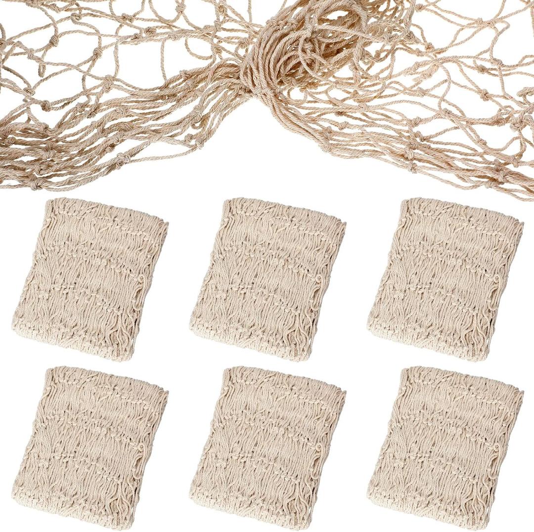 Shappy 6 Pack Natural Fish Net Decorative Cotton Fishnet Decor for Pirate Party, Mermaid Nautical Hawaii Luau Ocean Themed Wall Hanging Beach Bash Decoration Supplies (Beige)