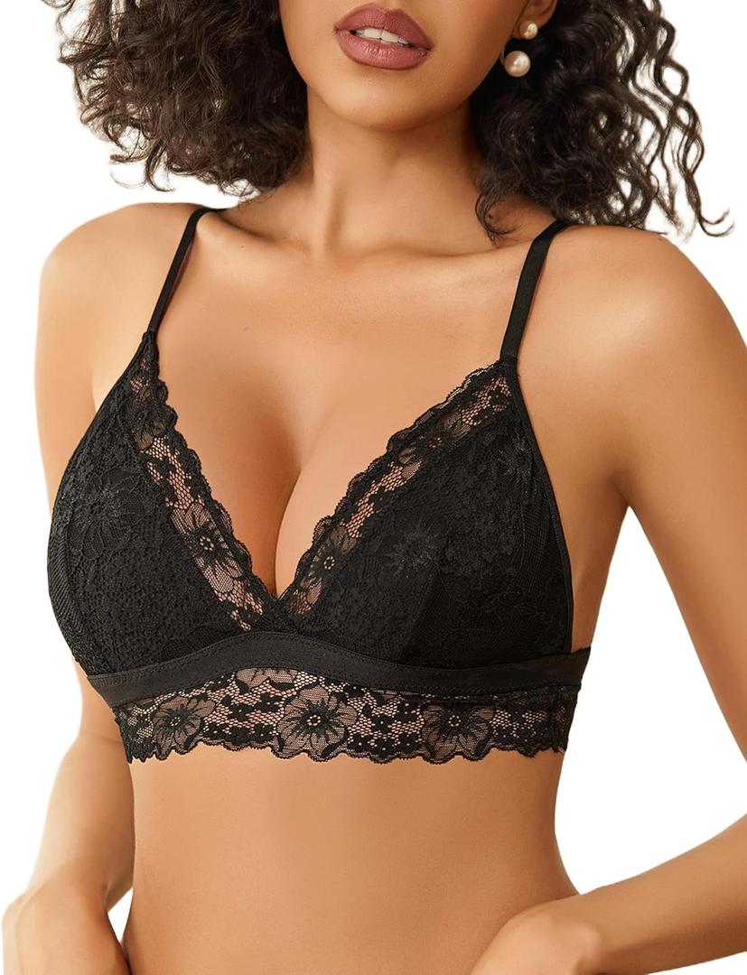 Avidlove Lace Bralette for Women Sexy Wireless Bralettes Non Padded Bralette V Neck Minimizer Lingerie (Black, XL)