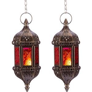 2 Pcs Hanging Hexagon Decorative Moroccan Candle Lantern Holders, Handmade Hanging Tea Light Holder in Bronze Metal & Red & Purple Glass Gift & Decor Items (Brown)