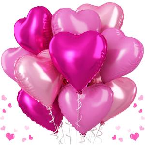 Pink Mixed Heart Balloons, 18 Inch 12 Pcs Hot Pink Foil Heart Shape Balloons, Light Candy Color Love Balloon, Sweet Theme Party Decorations for Girls Women Birthday Wedding Valentines Baby Shower