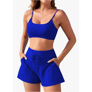 Pink Queen 2 Piece Bathing Suits for Women Adjustable Strap Top Drawstring High Waisted Bikini Shorts Swimsuit with Pockets Size S