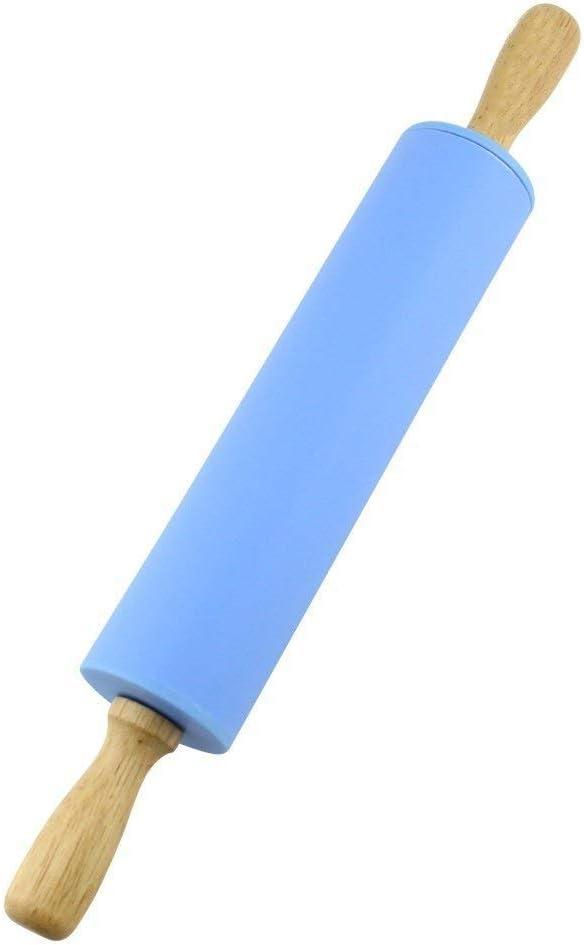Silicone Rolling Pin with Wooden Handle - Non Stick Surface Dough Roller-roller pins for baking Pastry,Pizza,Fondant,Tortilla, Bread Crus& Christmas Cookies Supplies Gift for Home Bakers. (Blue)