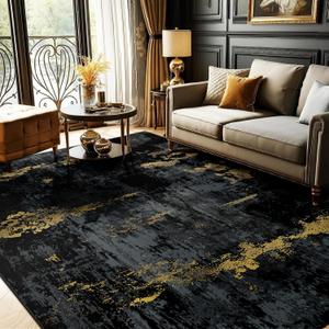 RELEANY Washable Area Rugs 9'x12' Non-Slip Modern Abstract Soft for Living Room Entryway Bedroom Nursery, Print Pattern, Dark Black Gold