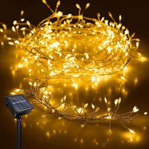 Solar Firecracker Lights, 6.56Ft 100 LED Waterproof Cluster Lights 8 Mode Copper Wire Cluster Fire Crackers Garland Fairy Lights Garden Wedding Christmas Party Decorations (Warm White)