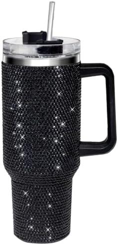 HWISDMIG 40oz Tumbler with Handle-Glitter Rhinestones Tumbler Bling Cups Stainless Steel Water Bottle Diamond Studded Tumbler for Women-Birthday Gifts for Women, Mom, Wife, Girlfriend (40 oz, Black)