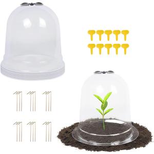 MorTime 6 Pack Garden Cloche Plant Dome, 7.3" D x 6.9" H Plastic Plant Bell Cover Reusable Mini Greenhouse with 18 Ground Securing Pegs & 10 Plant Labels for Outdoors Frost Freeze Protection