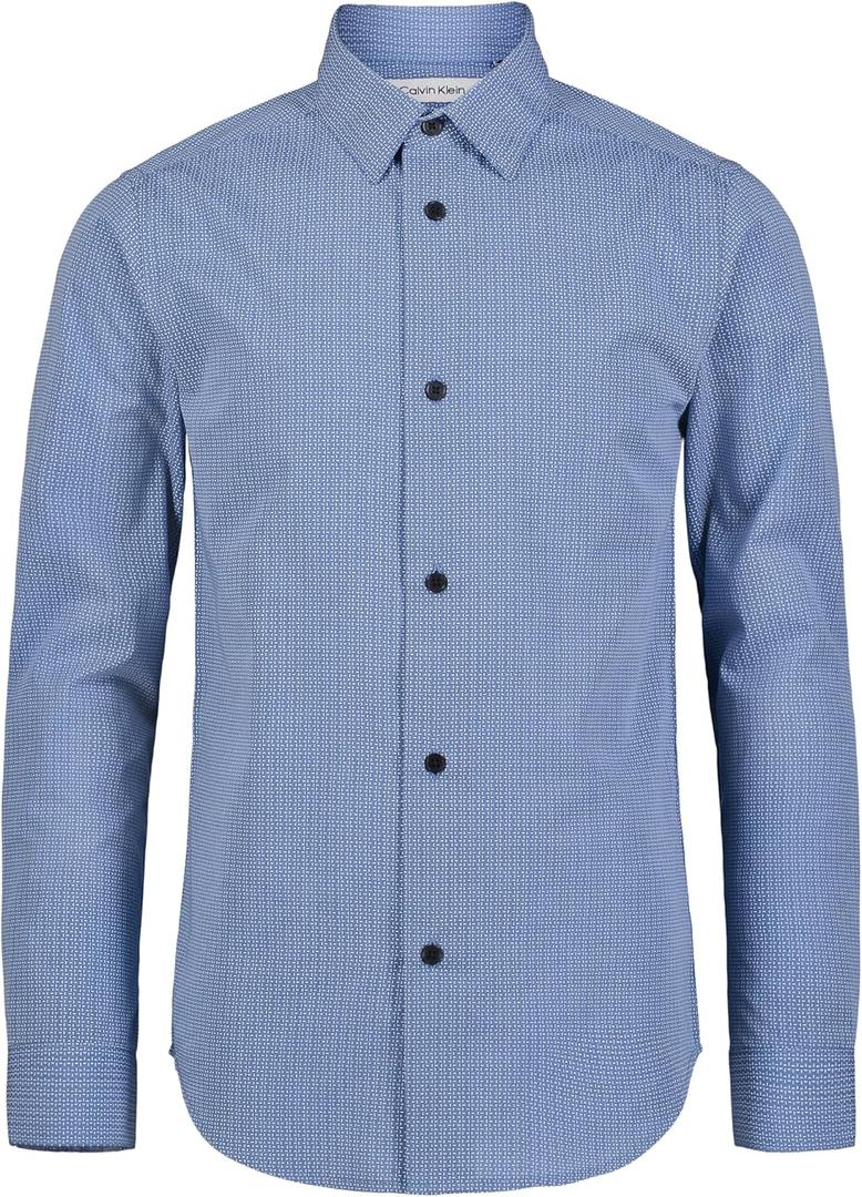 Calvin Klein Boys Long Sleeve Patterned Dress Shirt, Button-Down Style with Cuffs & Shirttail Hem (10, Dark Blue)