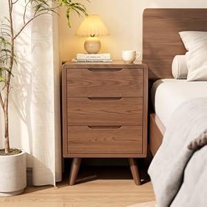 Tall Nightstand Walnut Night Stand with 3 Drawers Mid Century Modern Nightstand with Storage, Solid Wood Night Stand, Small Bedside Table for Bedroom, Living Room, Office, Walnut Bedside Table