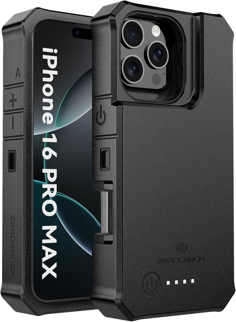 ZEROLEMON Battery Case for iPhone 16 Pro Max, 10000mAh Capacity, 18W Fast Charging Power with Full Edge Protection Extended RuggedJuicer Battery Charger Case for iPhone 16 Pro Max - Black