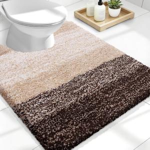 OLANLY Luxury Toilet Rugs U-Shaped 24x20, Extra Soft and Absorbent Microfiber Bathroom Rugs, Non-Slip Plush Shaggy Bath Mat, Machine Wash Dry, Contour Bathroom Mats for Toilet Base, Brown