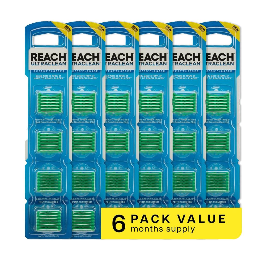 REACH Ultraclean Access Flosser Refill Heads, Mint, Plaque Remover for Teeth, Shred Resistant, for Hard to Reach Areas, Oral Care, PFAS Free, for Adults & Kids, 6 Pack, 28 Count