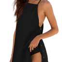 Yanekop Womens Linen Mini Dress Spaghetti Strap Short Beach Summer Dresses Sleeveless Sundress Open Back Dress(Black,L)