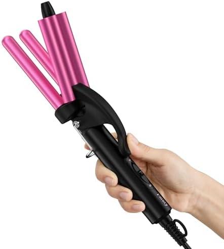 FARERY Mini Hair Crimper, 3 Barrel Curling Iron 1/2 Inch with Keratin & Argan Oil Infused, Travel Curling Iron with Dual Voltage, Pouch Bag, Hair Waver Beach Waves for Women
