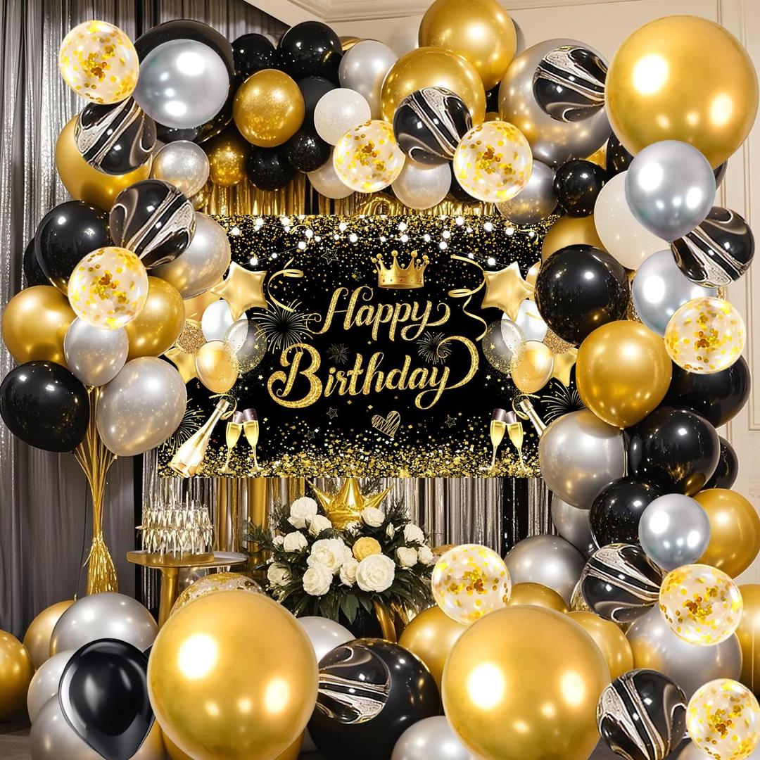 80 PCS Black Golden Happy Birthday Party Balloons Decorations Set with Photo Background Backdrop Banner Cloth 3PCS 18in. Metal Gold Balloon Black Gold Happy Bday Party Supplies for Men Women